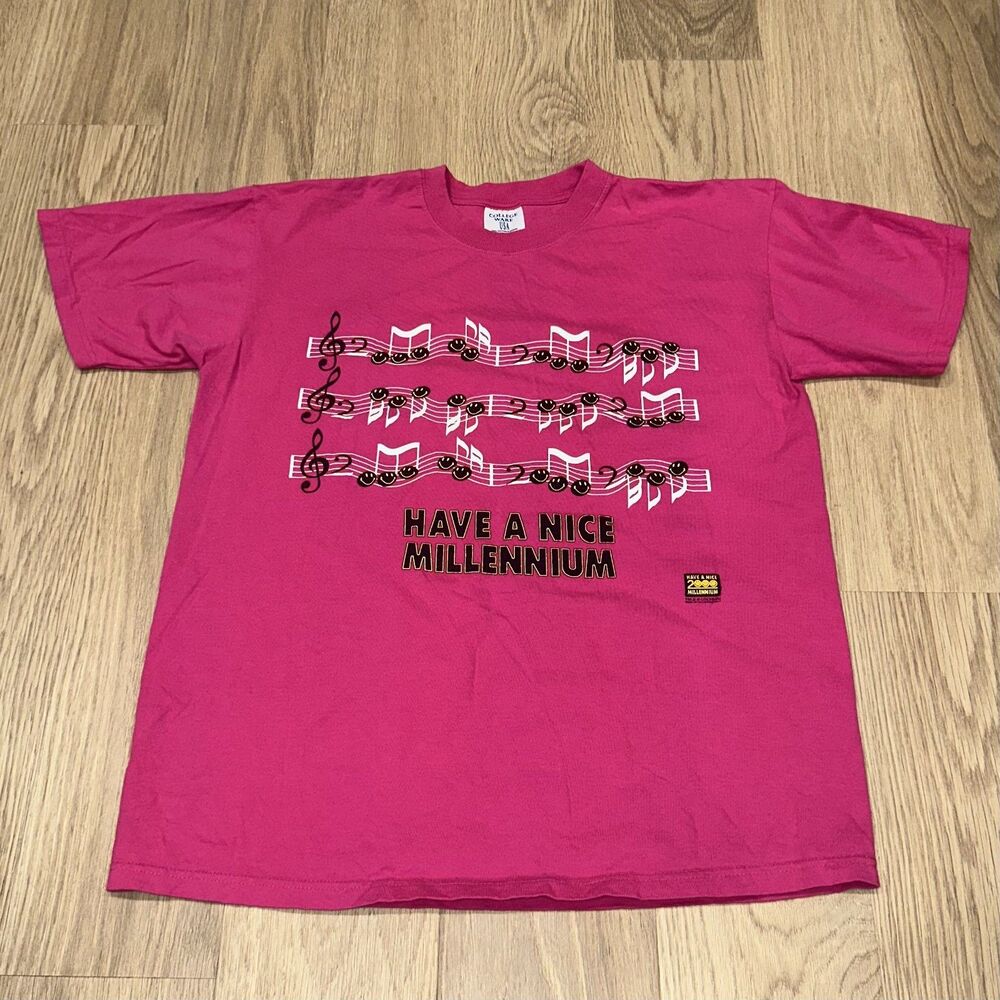 Vintage Have a Nice Millenium Y2K Music Score Smiley Graphic Tee Pink Sz Large